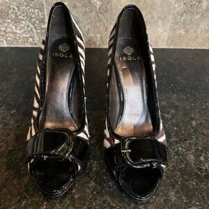 Isola Zebra Print Peep Toe Heels with Black Accents